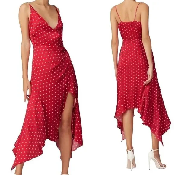 Haney Olivia Red Stretch Satin Polka Dot Handkerchief Hem Midi Dress 4 $890 - Picture 13 of 13
